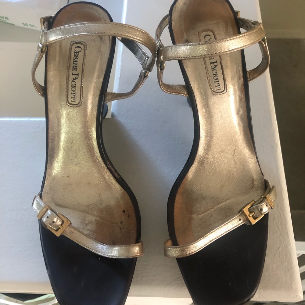 CESARE PACIOTTI Wood and Gold Platform Wedges, 10